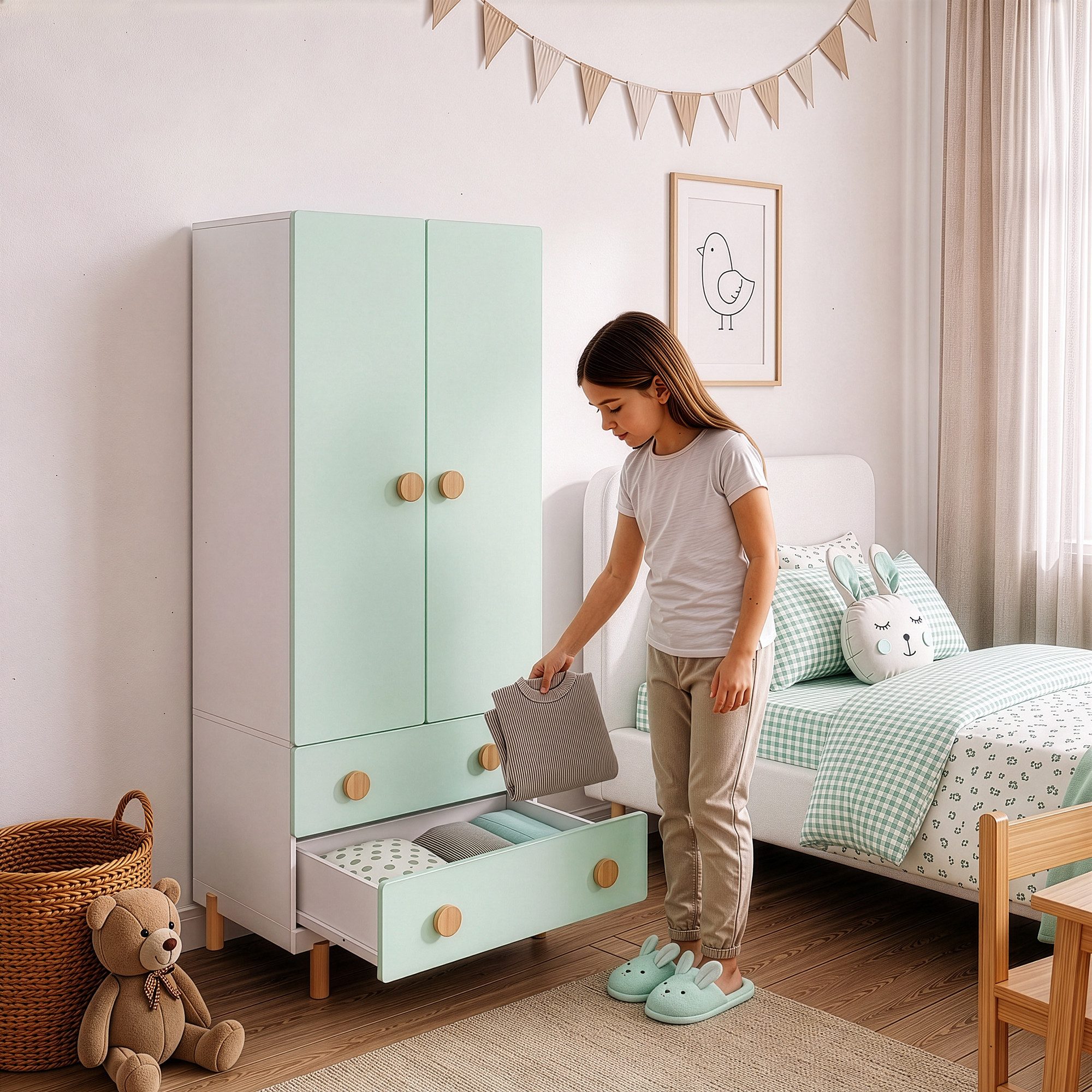 en.casa Kinderkleiderschrank »Vaarentaa« mit 2 Schubladen 156x60x41 cm Weiß/Mintgrün – Bild 4 von 5