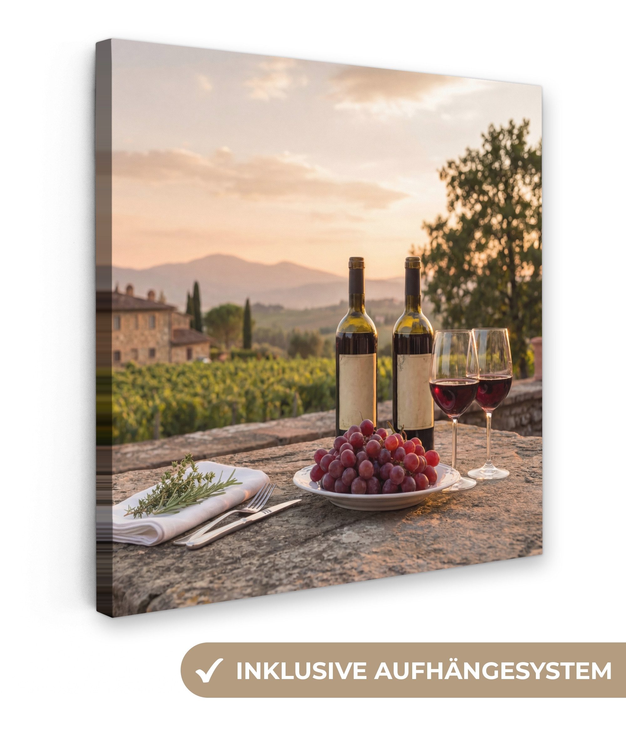 OneMillionCanvasses® Leinwandbild Wein - Gläser - Trauben - Weinberg, Fotodruck (1 St), Wandbild, Deko Schlafzimmer Wohnzimmer Flur 20x20 cm