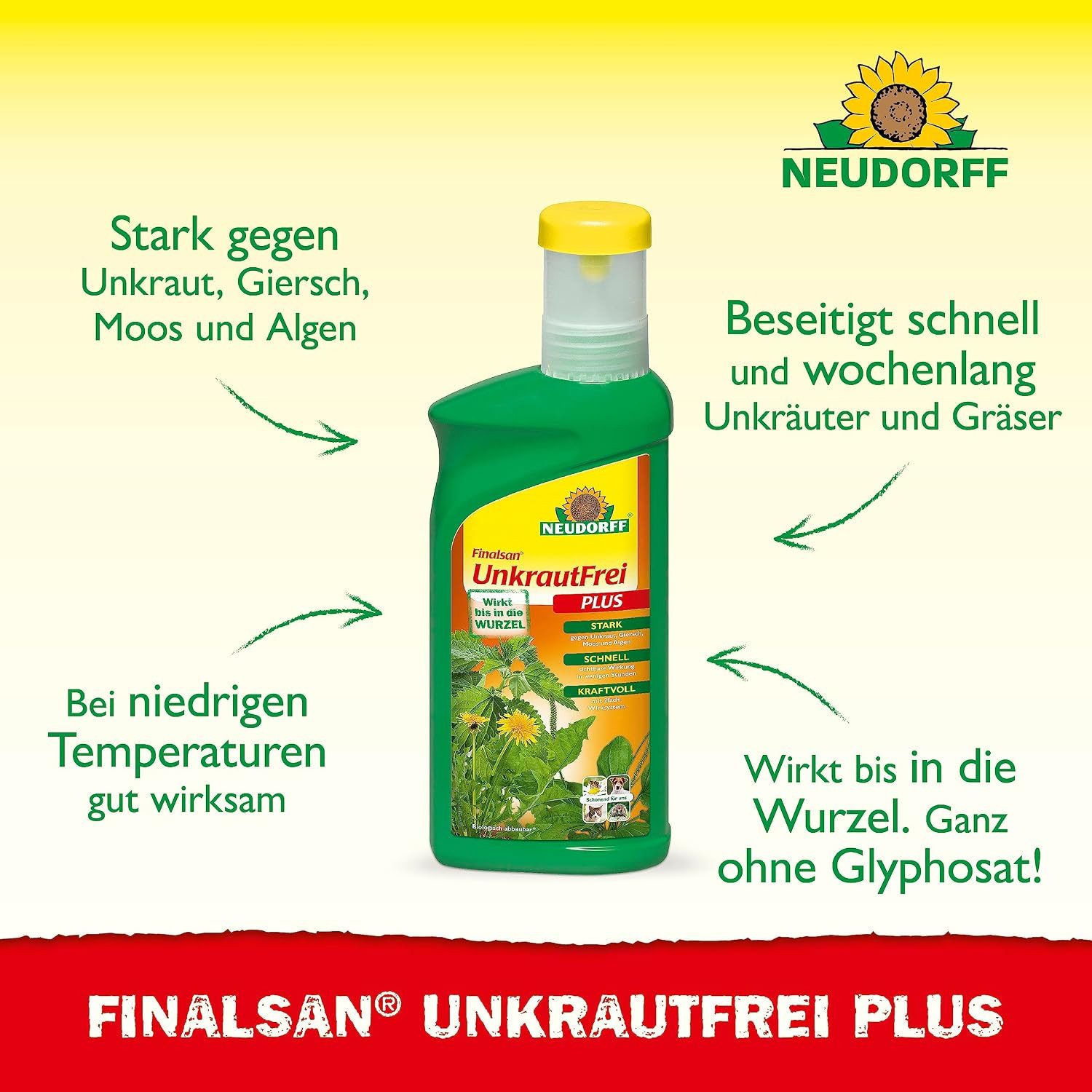 Neudorff Unkrautbekämpfungsmittel Unkrautbekämpfungsmittel Finalsan UnkrautFrei Plus 500 ml für 90 m², 500 ml, 1 St., schonend für Haustiere, Unkraut entferner ohne Glyphosat, 500 ml Konzentrat für bis zu 90 m² Einzelpackung, Glyphosatfreies Unkrautvernichter-Konzentrat mit 2-fach-Wirksystem