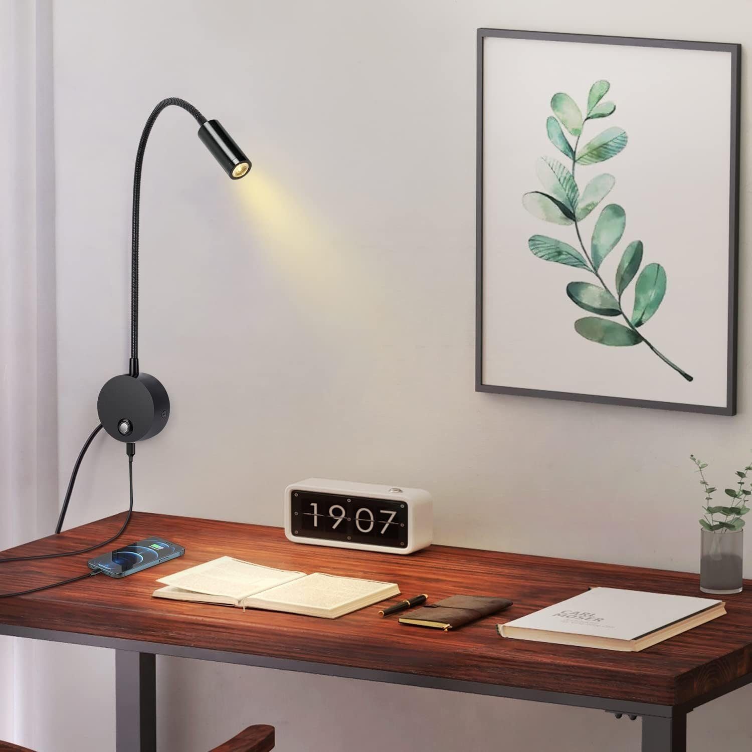 DOPWii Schreibtischlampe Leselampe Wandmontage,mit Schalter & 360° Schwarz USB-Ladeanschluss, Touch