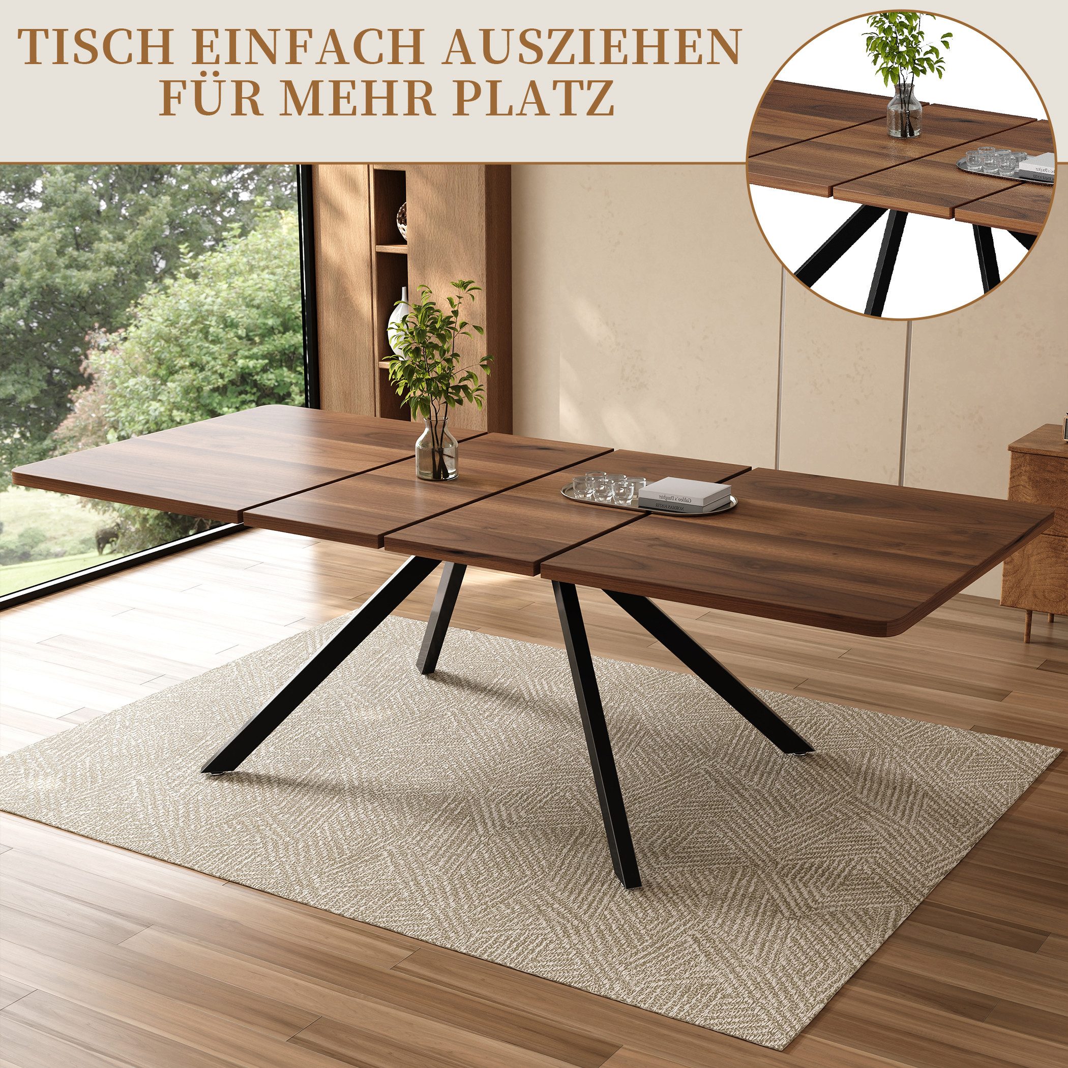SeedWave Esstisch Ausziehbarer Küchentisch 160-240cm mit Metallfüßen, für 6-10 Personen, rechteckige Tischplatte in Holzoptik, 2 Einsatzplatten