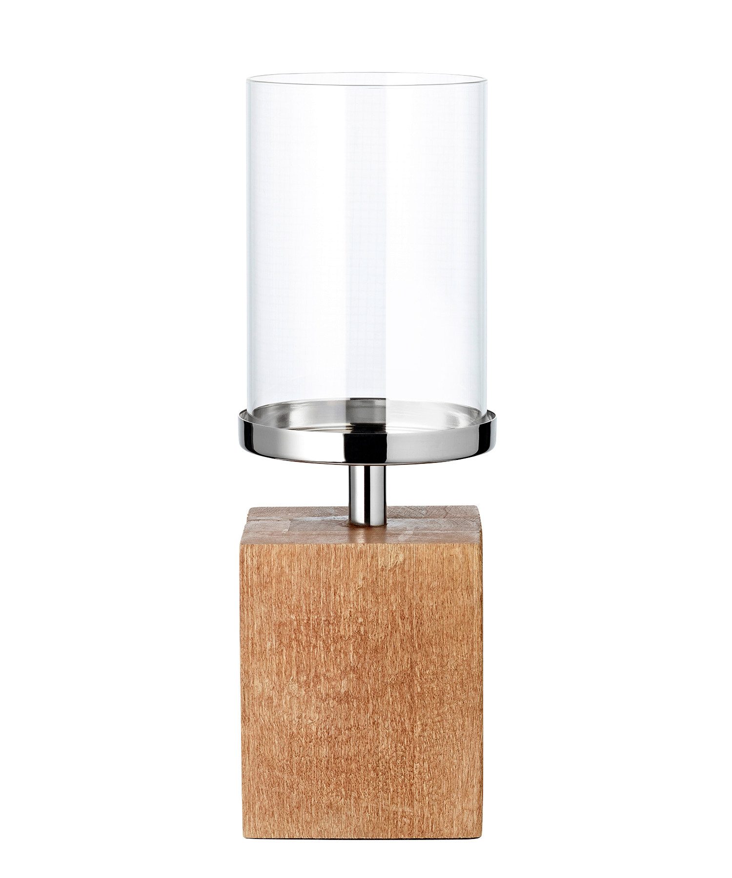 EDZARD Windlicht Meo, Silber-Optik, Sockel Echtholz, für Kerzen bis Ø 8 cm, H 16 cm