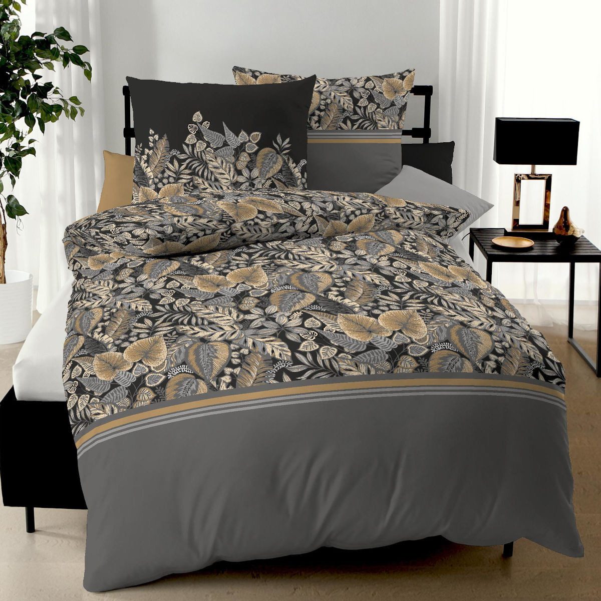 Kaeppel Bettwäsche Jersey Tika in 135x200 + 80x80 cm 11310 grau schwarz Blätter, Jersey, 2 teilig, 100% Baumwolle
