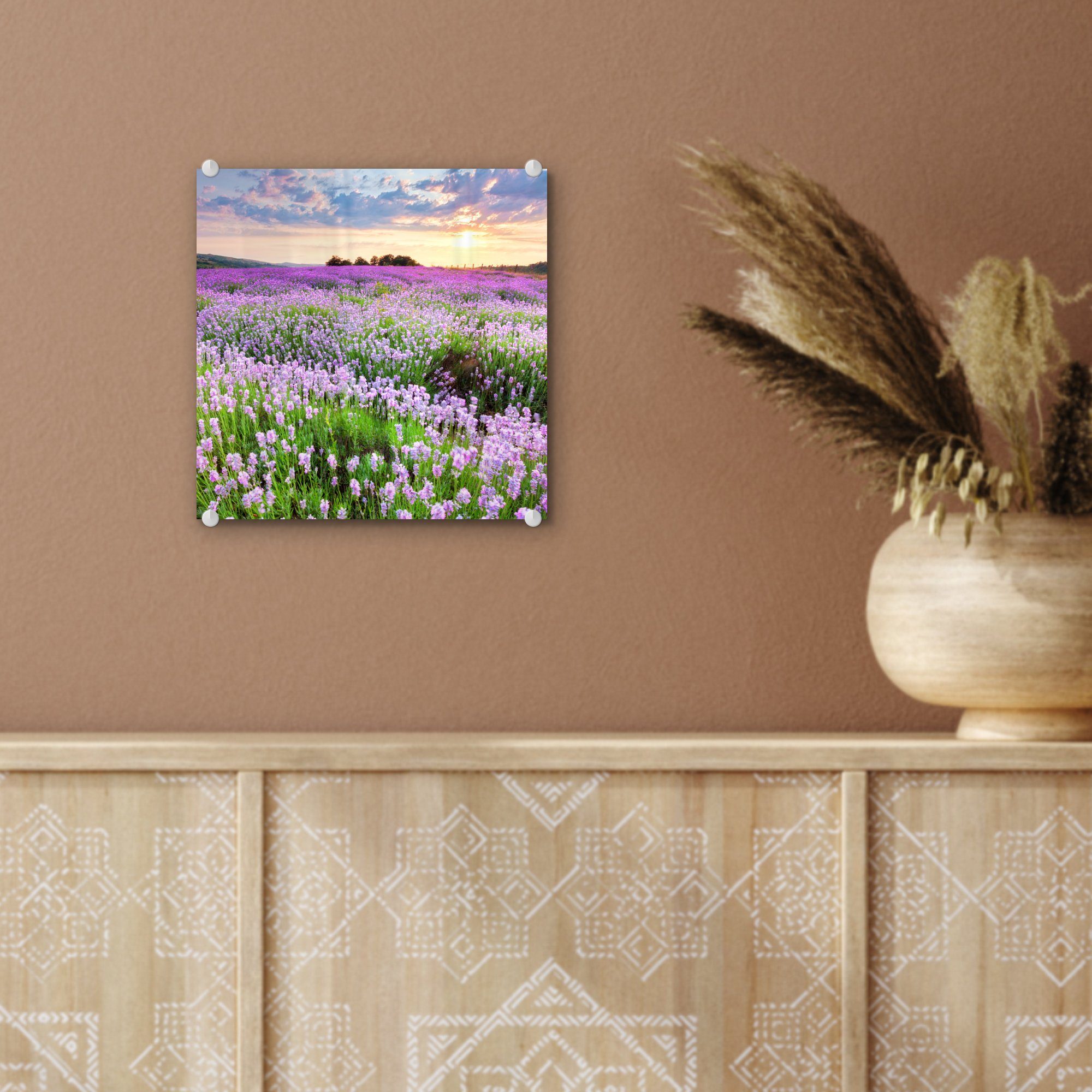 - - - auf MuchoWow St), - bunt Wanddekoration Foto Natur, - Himmel Bilder Glas auf - Blumen Lavendel Glas Wandbild - - (1 Wiese Sonnenuntergang - Lila Acrylglasbild Glasbilder
