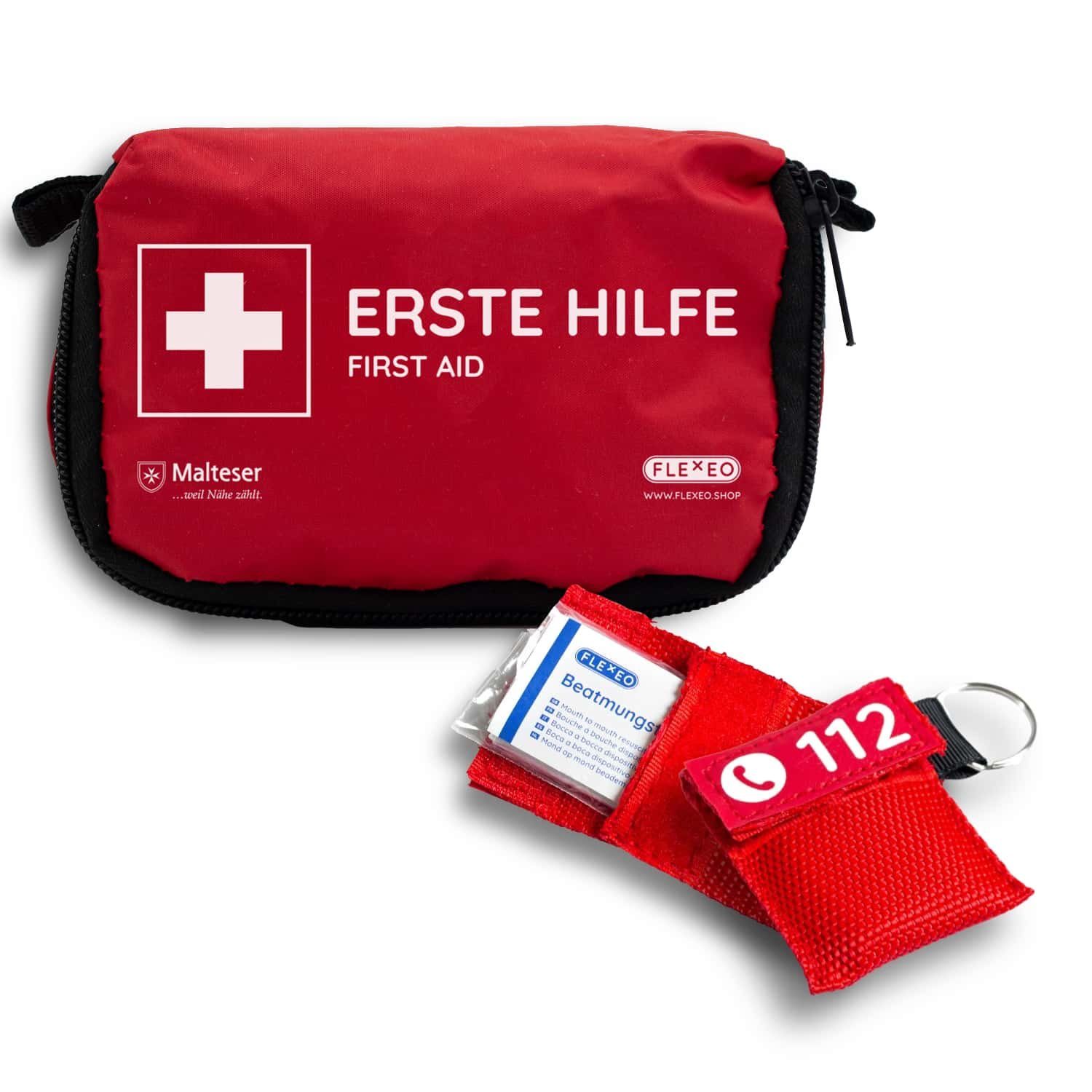 FLEXEO Erste-Hilfe-Set Mini inkl. 2 Beatmungstücher, (1 St), kleines  Notfallset für unterwegs, rot