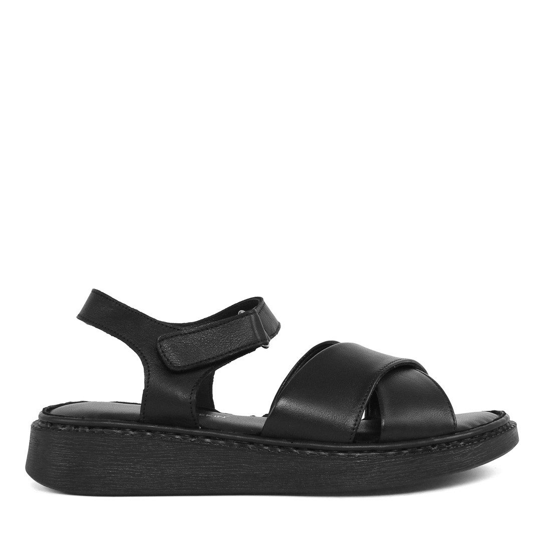 Celal Gültekin Leder Sandalen Damen Sommer mit Klettverschluss und Plateau Sandalette Schwarz, Kreuzriemen mit Klettverschluss
