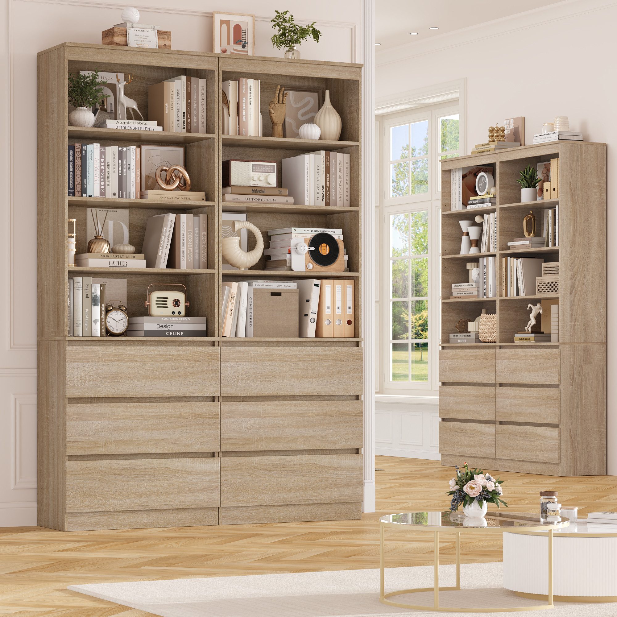 Homfa Bücherregal Hochschrank Standregal Bücherschrank Raumteiler, mit 4 Fächern und 3 Schubladen, 60x35x202cm