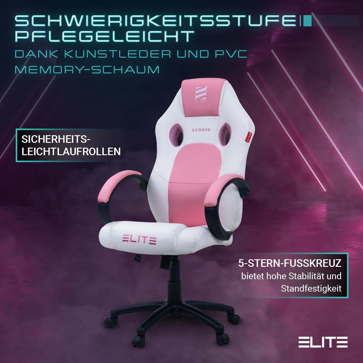 ELITE Gaming Bürostuhl Chair, Rückenlehne-Gaming verriegelbare Wippmechanik, (Drehstuhl kg, St), verstellbare St), Grad Exodus Weiß Office hoher Sicherheits-Doppelrollen, Fußkreuz, Sitzhöhe, Verarbeitung, XXL Pink Gamingstuhl hochwertige 5-Stern mit Sicherheitsgasdruckfeder, 150 Stuhl-Home Racingstuhl, Gaming mit 1 Sitzfläche Drehsessel, inkl. Chair, 1 Belastbarkeit Pflegeleicht, Memory-Schaum, PVC 360 bis Computer Hohe mit drehbar, horizontal / Stuhl Ergonomischer Computerstuhl, Zockerstuhl Gaming-Stuhl Racing-Design Armpolster, Racing