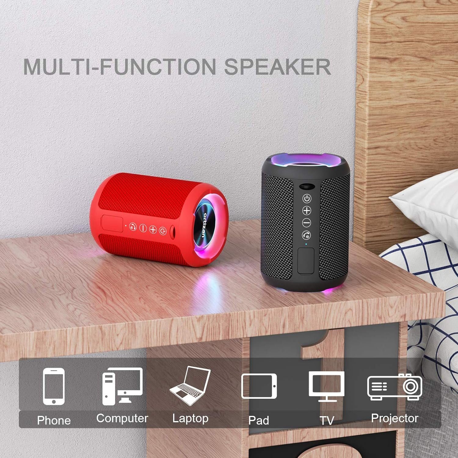 Bluetooth (Bluetooth, Stereo 10 Boxen Ortizan - Enormer LED Bass) mit Lautsprecher Lautsprecher W, Tragbarer Licht