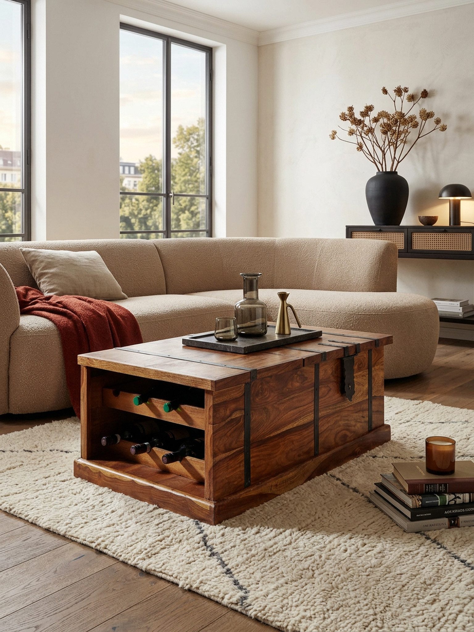 KADIMA DESIGN Weinregal Couchtisch 100x60x40 cm Massivholz Truhentisch mit Stauraum Truhe, Modern, Holztisch Wohnzimmer, Weinregal, Design Wohnzimmertisch mit Stauraum, Sofatisch Stubentisch