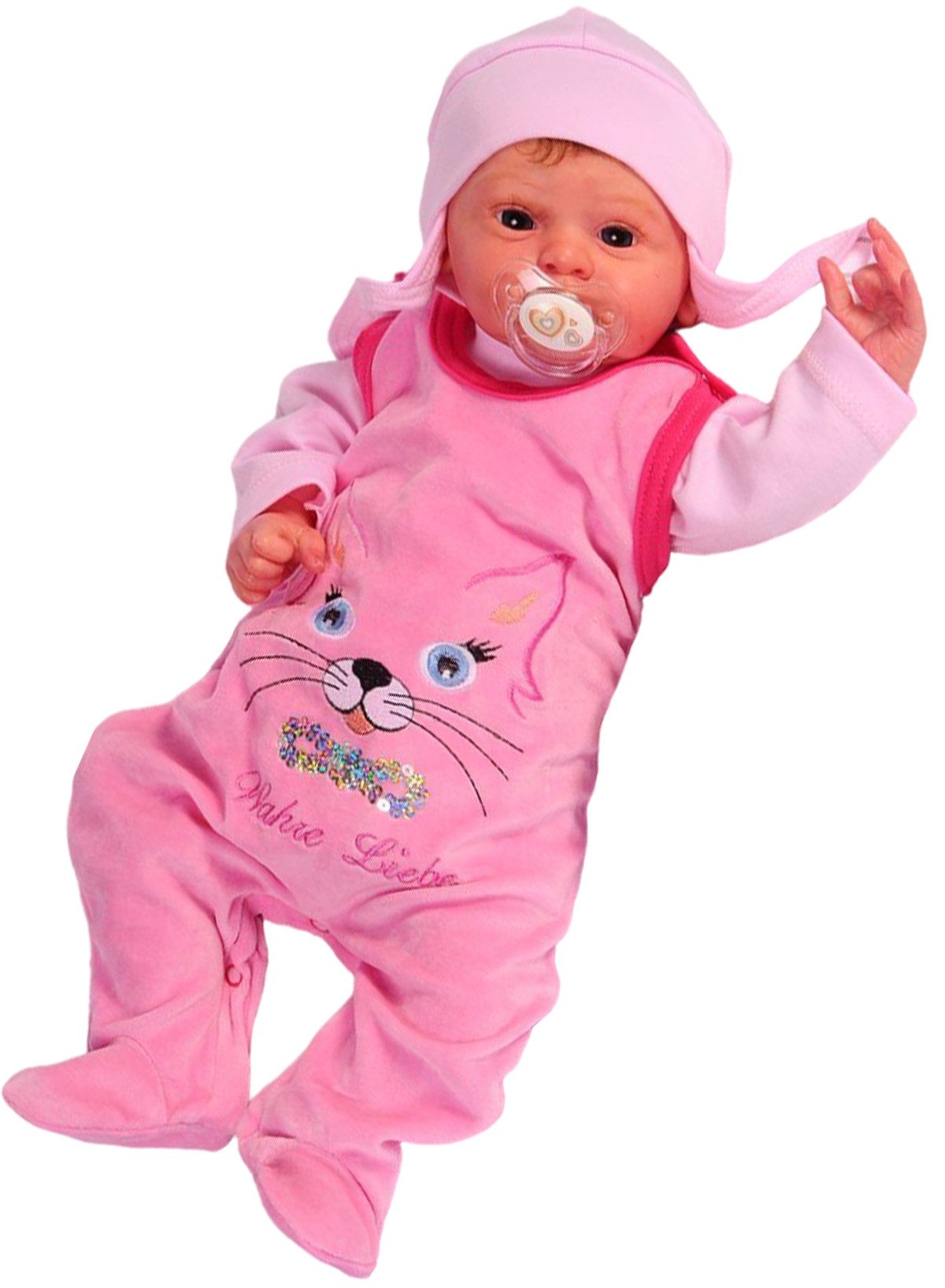 Strampler Baby Anzug 3tlg Stramplerhose Langarmshirt Mütze in Rosa mit Katze