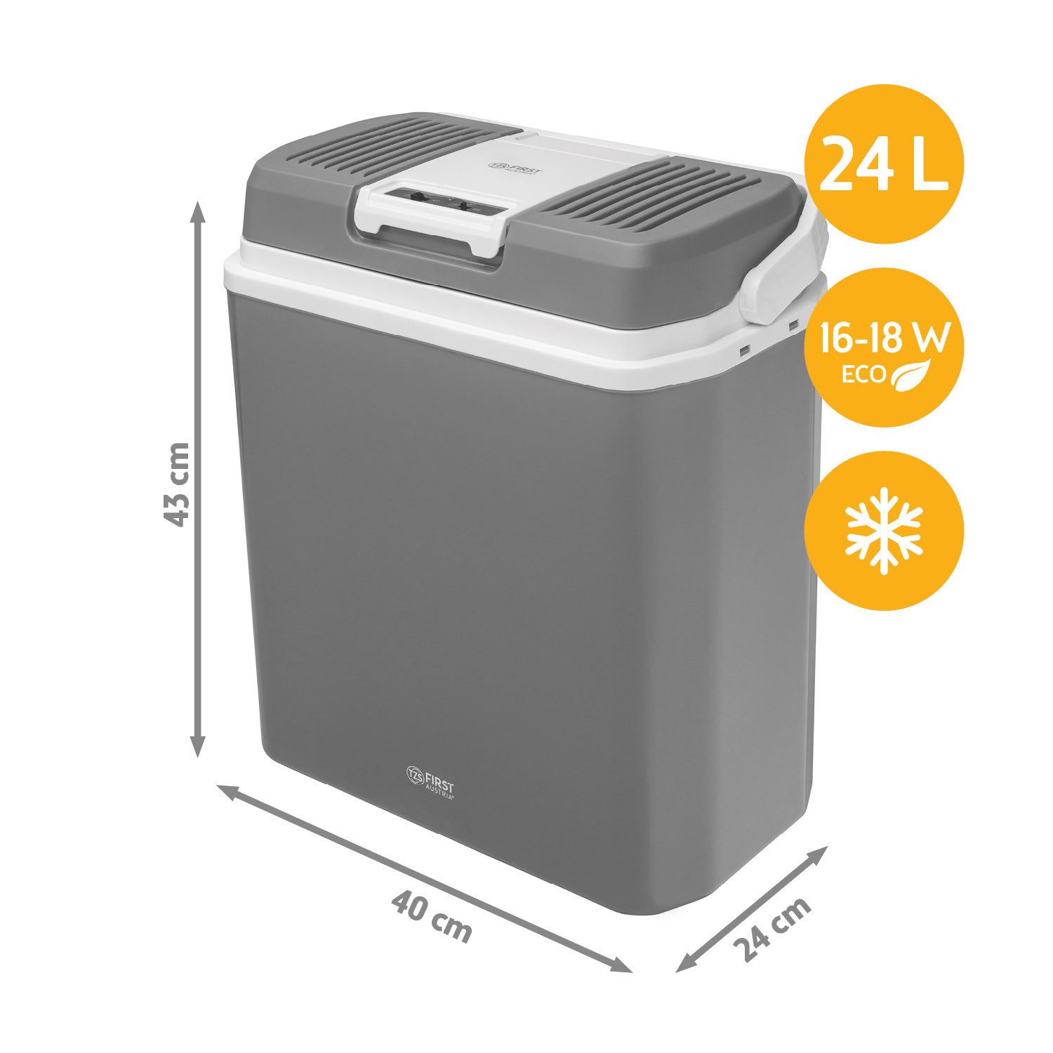 TZS FIRST AUSTRIA Elektrische Kühlbox 24L, Kühlbox, 12V /230V Anschluss, 12-V-Stecker fürs Auto, für Camping, Festivals, Reisen, mit Kühl- und Warmhaltefunktion