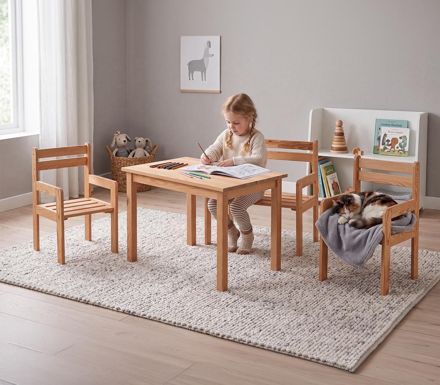 Home4You Kindersitzgruppe 4-teilig, Kiefer, Braun, 1 Tisch, 1 Bank mit Armlehnen, 2 Stühle mit Armlehnen