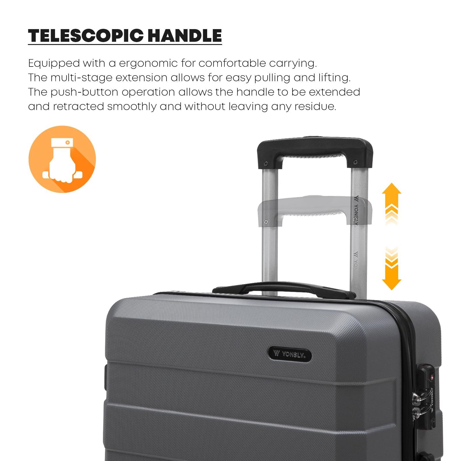 YONSLY Hartschalen-Trolley Hartschalen-Reisekoffer Trolley Rollkoffer Kabinenkoffer aus ABS, 4 Rollen, mit TSA-Schloss, YKK-Reißverschluss, austauschbaren Rollen und Griffen