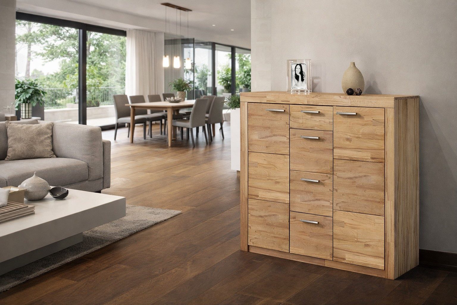 bv-vertrieb Highboard Anrichte Kernbuche teilmassiv Kommode Schubladen Metallgriffe