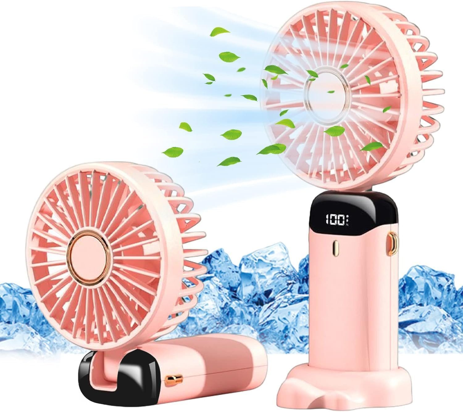 MOPUEA Mini USB-Ventilator Mini-Handventilator, Typ-C wiederaufladbar, mit Digitalanzeige, 90° faltbar, 5-Speed Wind, Handheld/Hals/Schreibtisch 3 in 1
