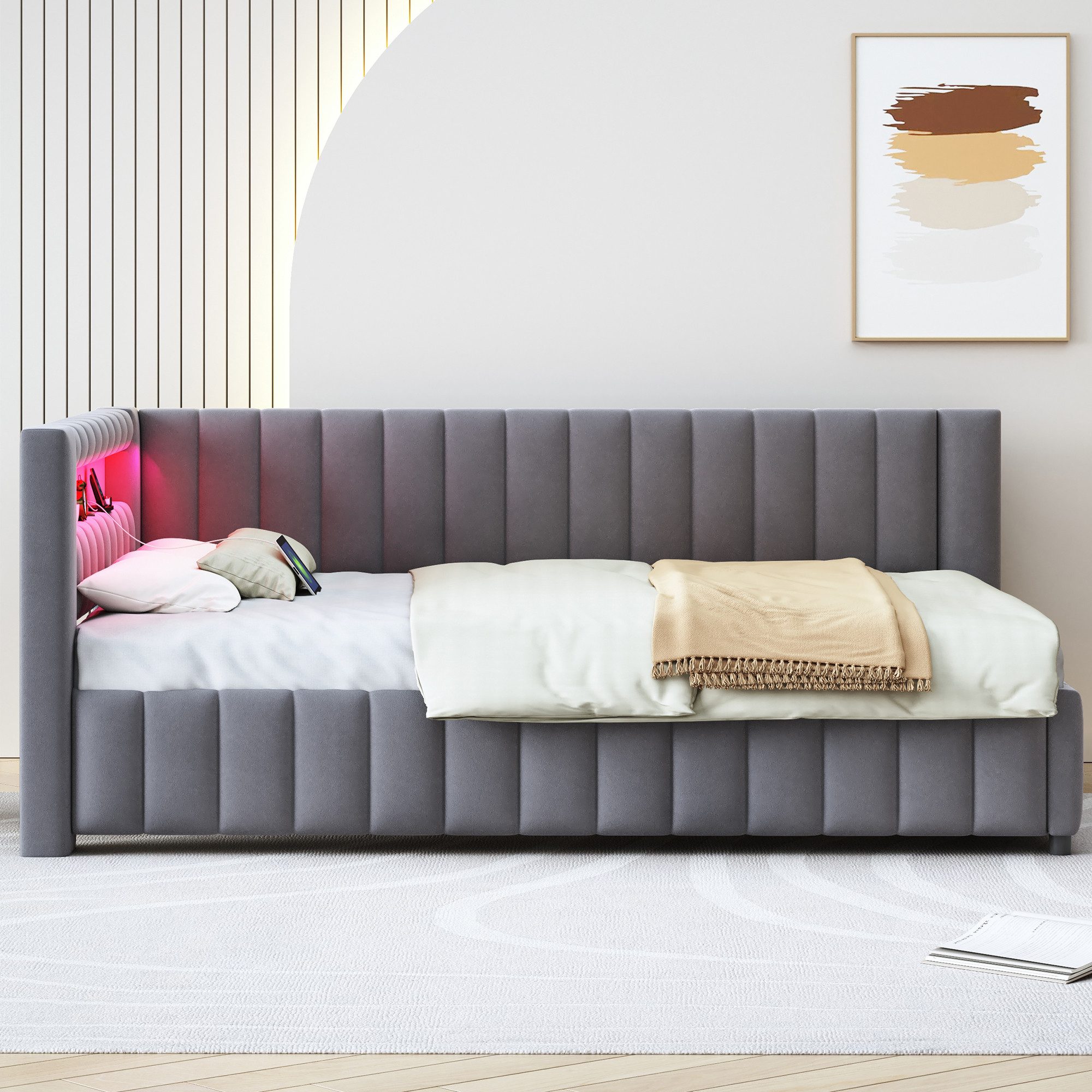 REDOM Schlafsofa Polsterbett,Funktionsbett,Jugendbett, 140x200 mit LED & USB, L-förmiges Design für Wohnzimmer & Schlafzimmer, Samtstoff mit stabilem Lattenrost & Kopfteil, Ohne Matratze
