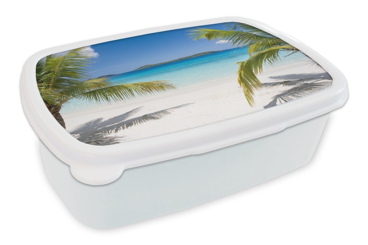 MuchoWow Lunchbox Strand - Palmen - Tropisch, Kunststoff, (2-tlg), Brotbox für Kinder und Erwachsene, Brotdose, für Jungs und Mädchen weiß
