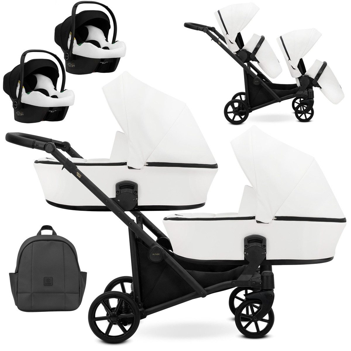 KUNERT Zwillings-Kombikinderwagen BRAV DUO 3in1 Öko-Leder Doppelkinderwagen mit Gelrädern, 12 Konfigurationen, kompakt zusammenklappbar, große Ablagefächer