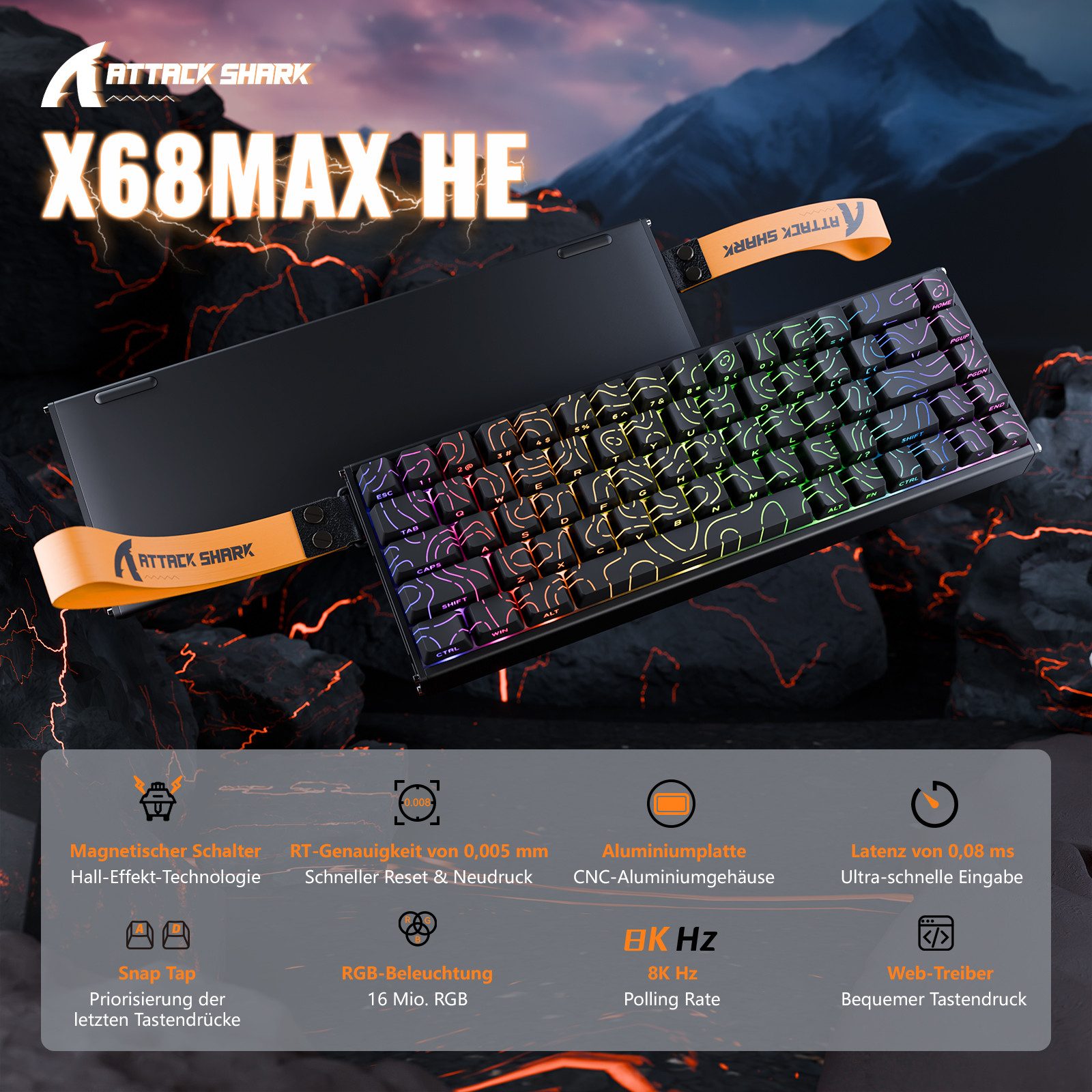 ATTACK SHARK X68MAX HE Rapid Trigger Gaming-Tastatur aus Aluminium Gaming-Tastatur (0.005mm RT,8000Hz,Hall-Effekt-Magnetschalter,Einstellbare Betätigung)