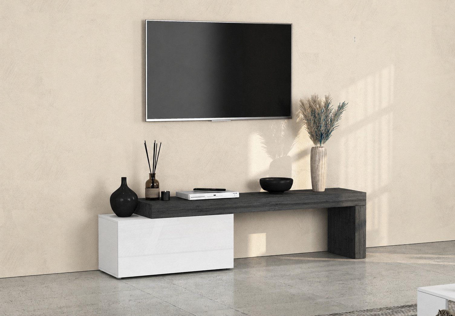 OTTO home Lowboard Lowboard Chronos TV-Board, TV-Schrank (Spar-Set, 1 St., Breite verstellbar von 180 bis 260 cm), Breite 220 cm TV-Board,Lowboard,1 Klappe und ein L-Förmiger Aufsatz