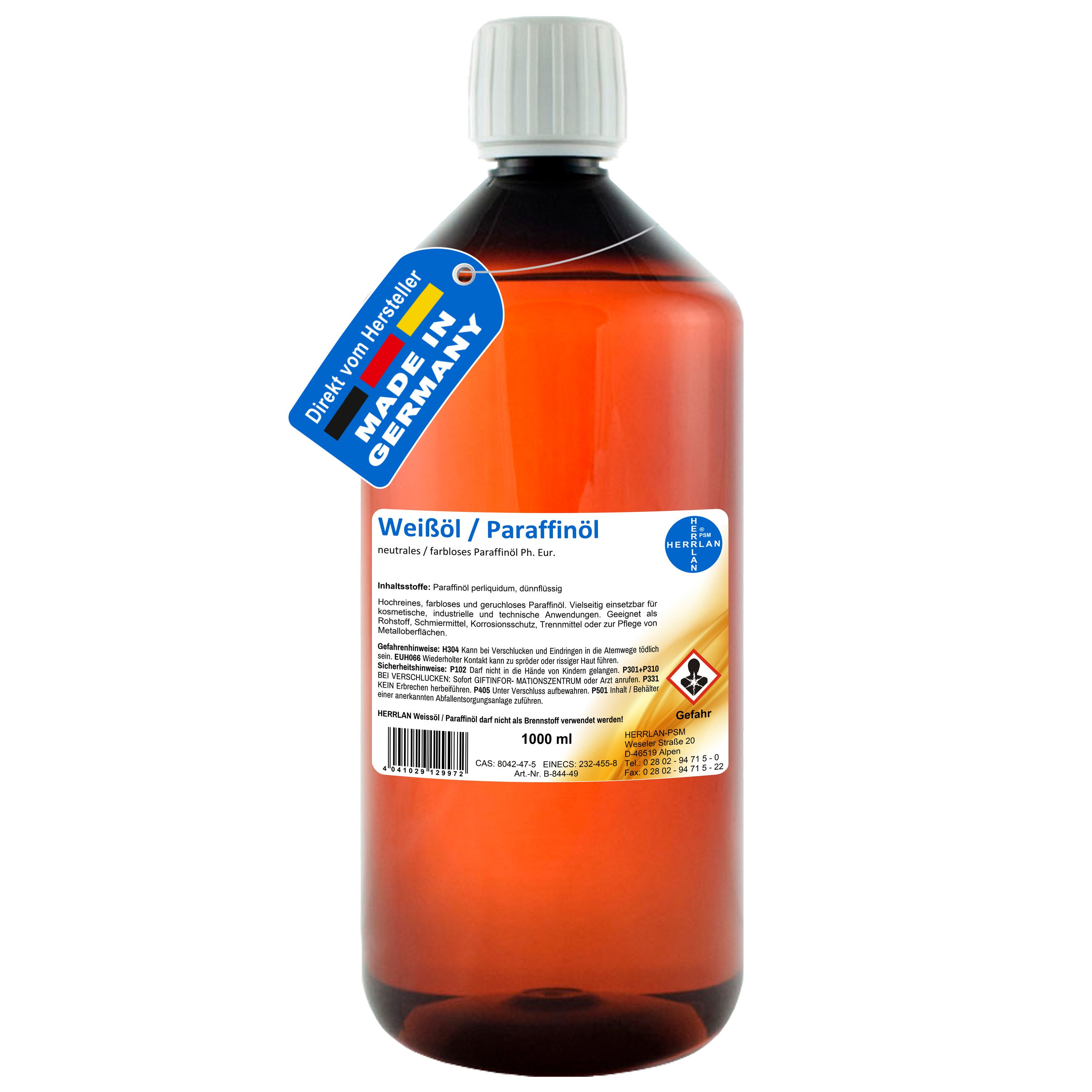 HERRLAN Multifunktionsöl Paraffinöl Paraffinum 1 Liter bis 10 Liter Weißöl (Ph. Eur), 1000 ml, (Weißöl (Ph. Eur), Hoch raffiniertes, neutrales, farbloses), dünnflüssiges & geruchfreies Mineralöl