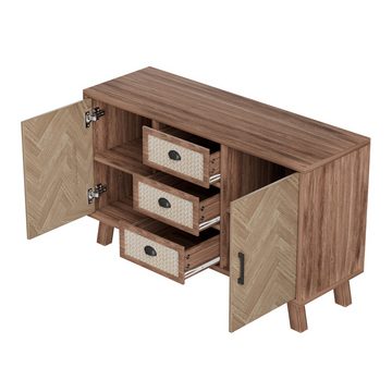 MODFU Sideboard Kommode (3 Schubladen, 2 Türen), mit Fischgrätenmuster, Beine aus Massivholz, 120*40*80cm