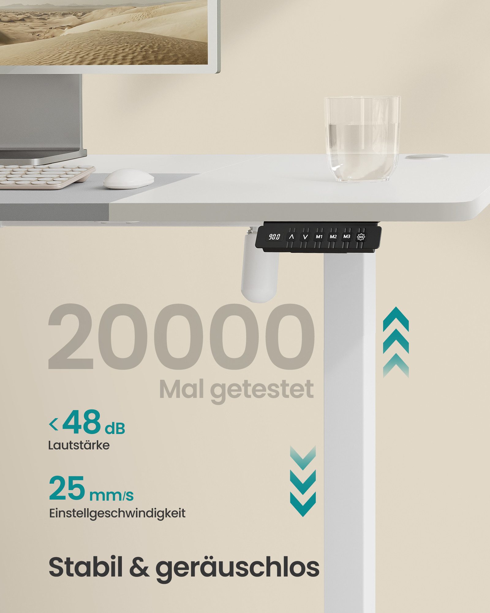 SONGMICS Schreibtisch Höhenverstellbarer elektrisch, USB-C-Anschluss (mit Stoff- Organizer), stufenlos verstellbar, Memory-Funktion mit 4 Höhen, 120/140/160/180 cm