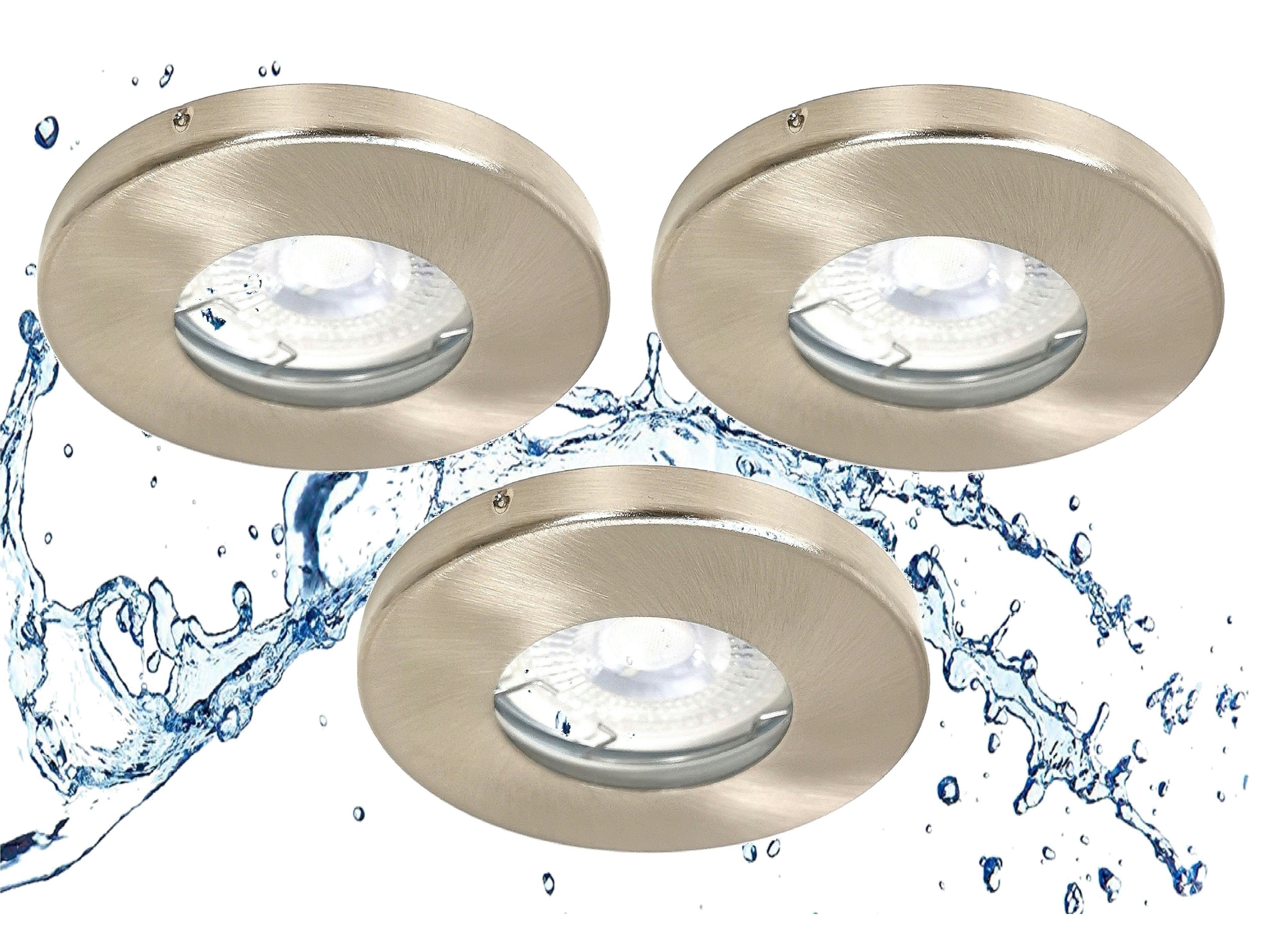 TRANGO LED Einbauleuchte, 3er Set 6729IP-032MCOBSD LED Einbaustrahler IP44 aus Edelstahl gebürstet in Rund inkl. 3x 5 Watt 3 Stufen dimmbar LED Modul 3000K warmweiß, Ultra flach für Bad, Außen, Deckenstrahler, Einbauleuchte