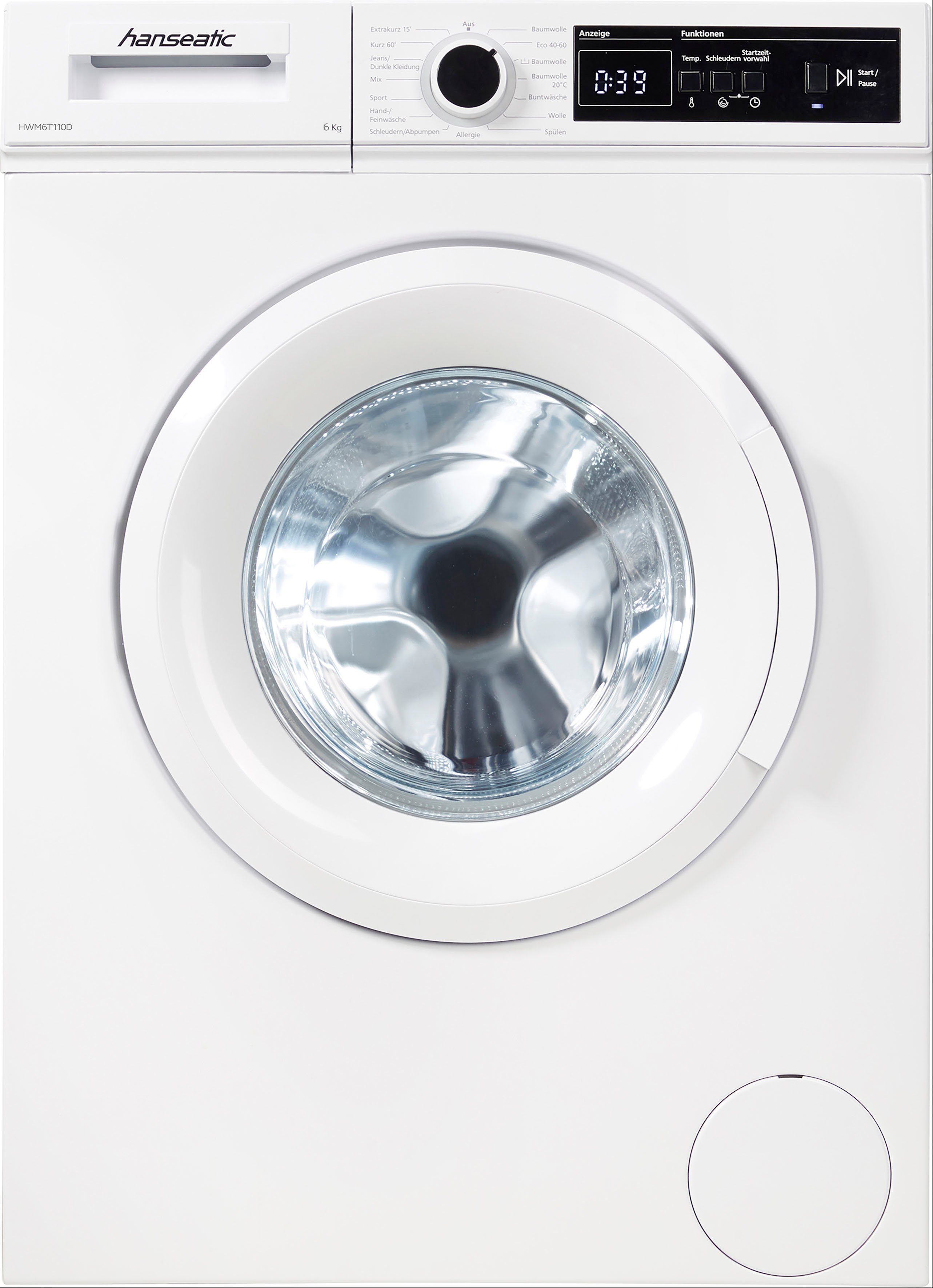 Hanseatic Waschmaschine HWM6T110D, 6 kg, 1000 U/min, Dynamische Mengenautomatik, Allergieprogramm, Überlaufschutzsystem