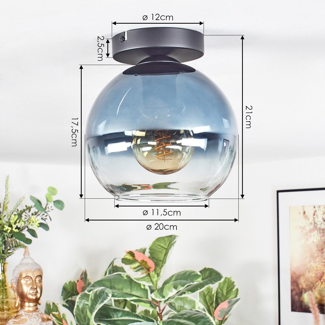 hofstein Deckenleuchte Deckenlampe aus Metall/Glas in Schwarz/Blau/Klar, ohne Leuchtmittel, Deckenleuchte im modernen Vintage-Design (Schirm Ø 20 cm), E27