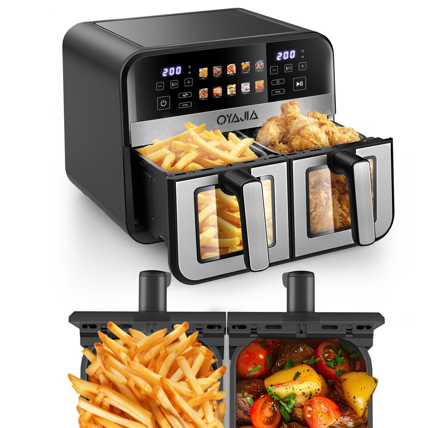 Heißluftfritteuse Heißluftfritteuse 2 Kammern, 10L Airfryer Doppelkammer Einkammer Verstellbar, 2600W 10 in 1 Heissluftfritteuse Doppelkammer Temperatur Separat Regeln Touchscreen, Doppel Air Fryer XXL Mit Sichtfenster