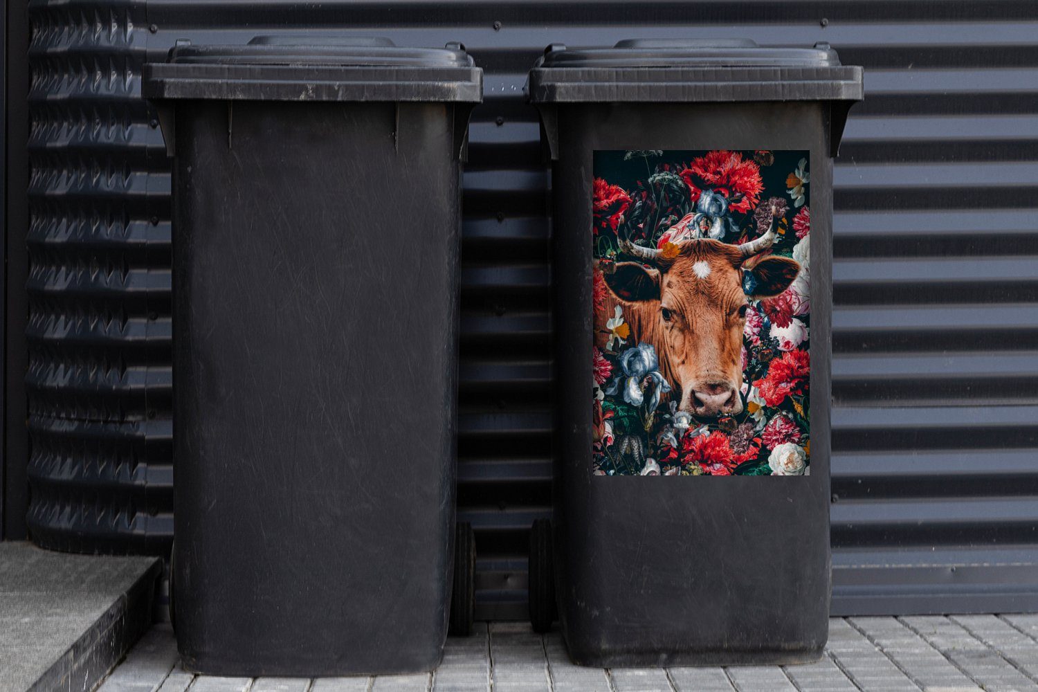 MuchoWow Wandsticker Kühe - Blumen Container, (1 - Mülltonne, St), - Tier Mülleimer-aufkleber, Sticker, Abfalbehälter Porträt