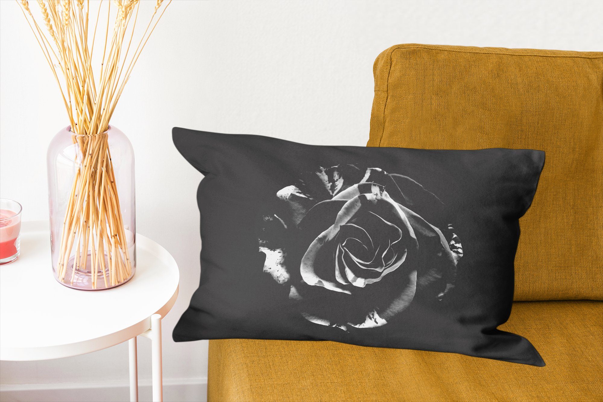 Rose MuchoWow Botanisch, Dekoration, Weiß - Wohzimmer Dekokissen - Zierkissen, Schwarz Füllung, Blumen Schlafzimmer - - Dekokissen mit