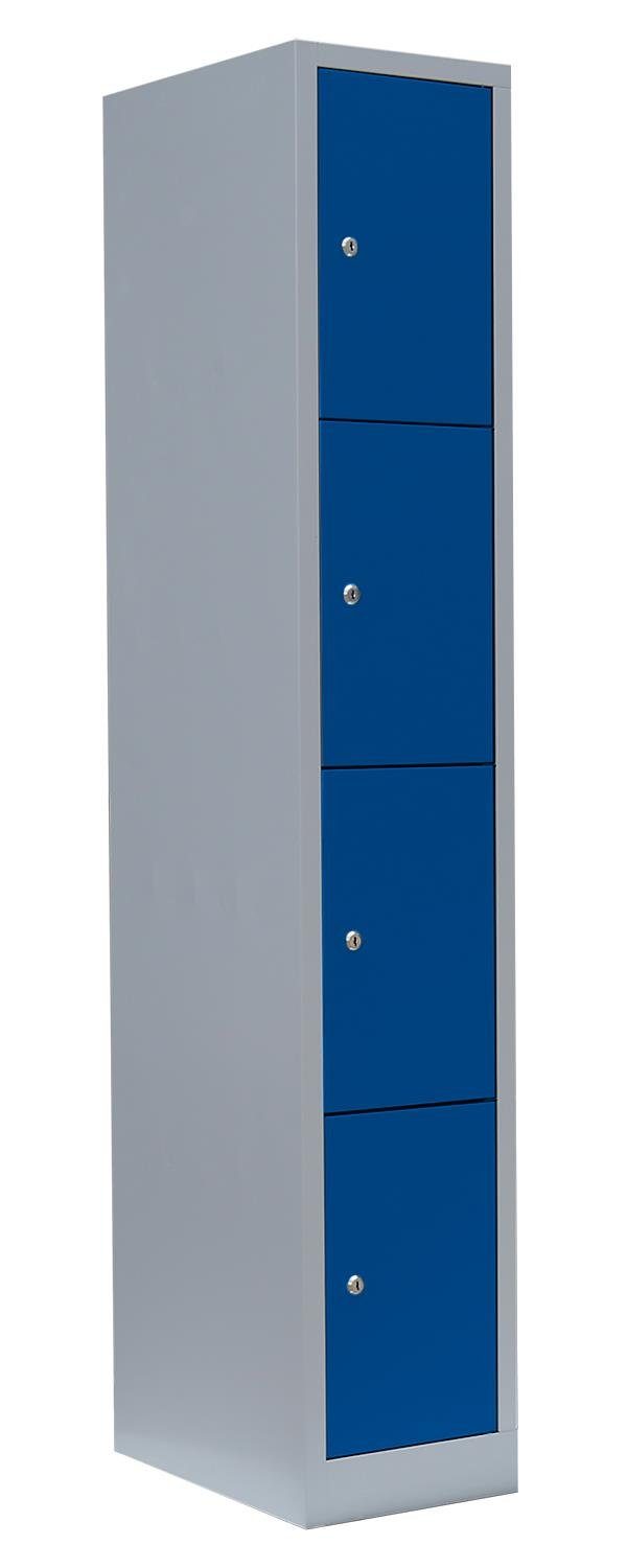 Steelboxx Fächerschrank Lüllmann® Schließfachschrank, 1 Abteil, 4 Fächer, 1800 x 315 x 500 mm (1-St) Komplett verschweißt und montiert - keine Montage erforderlich Korpus: RAL 7035 Lichtgrau/ Türen: RAL 5010 Enzianblau | Lichtgrau