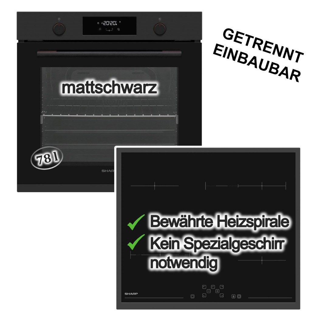 Sharp Backofen-Set Turbo Heißluft Teleskopauszug 78 L + Elektrokochfeld Bräterzone 60cm, mit 1-fach Vollauszug, Pyrolyse-Selbstreinigung
