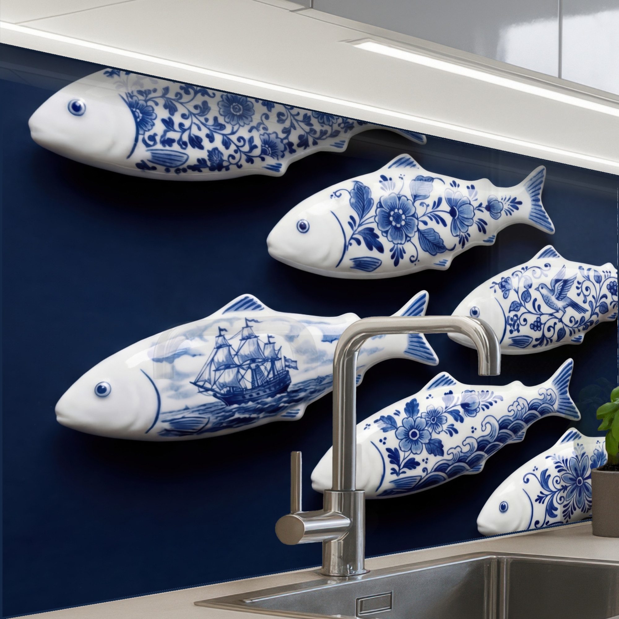 KitchenYeah Küchenrückwand Muster selbstklebend (keine Folie) Fisch - Delfter Porzellan - Keramik, (1-tlg), Spritzschutz, Küche, Rückwand, Küchenwand, Küchenfront, 30x20 cm