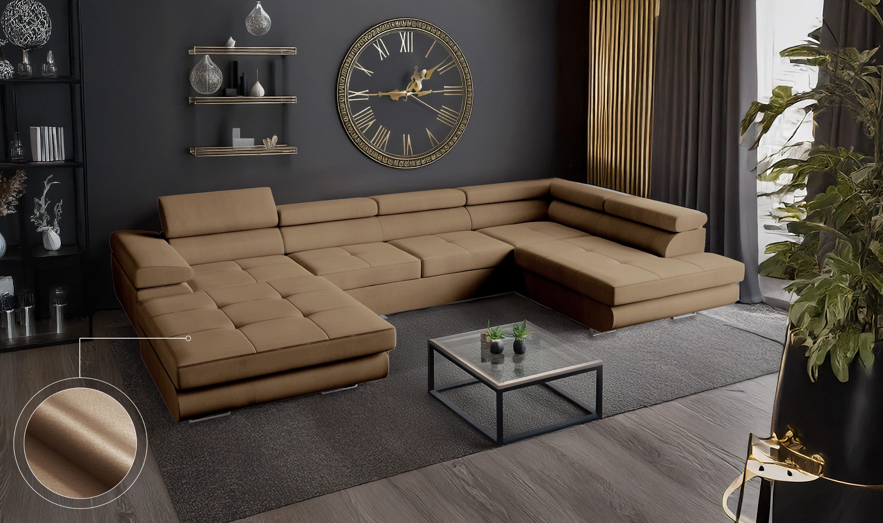 Goldstoff Wohnlandschaft mit Schlaffunktion, Couch für günstig online kaufen