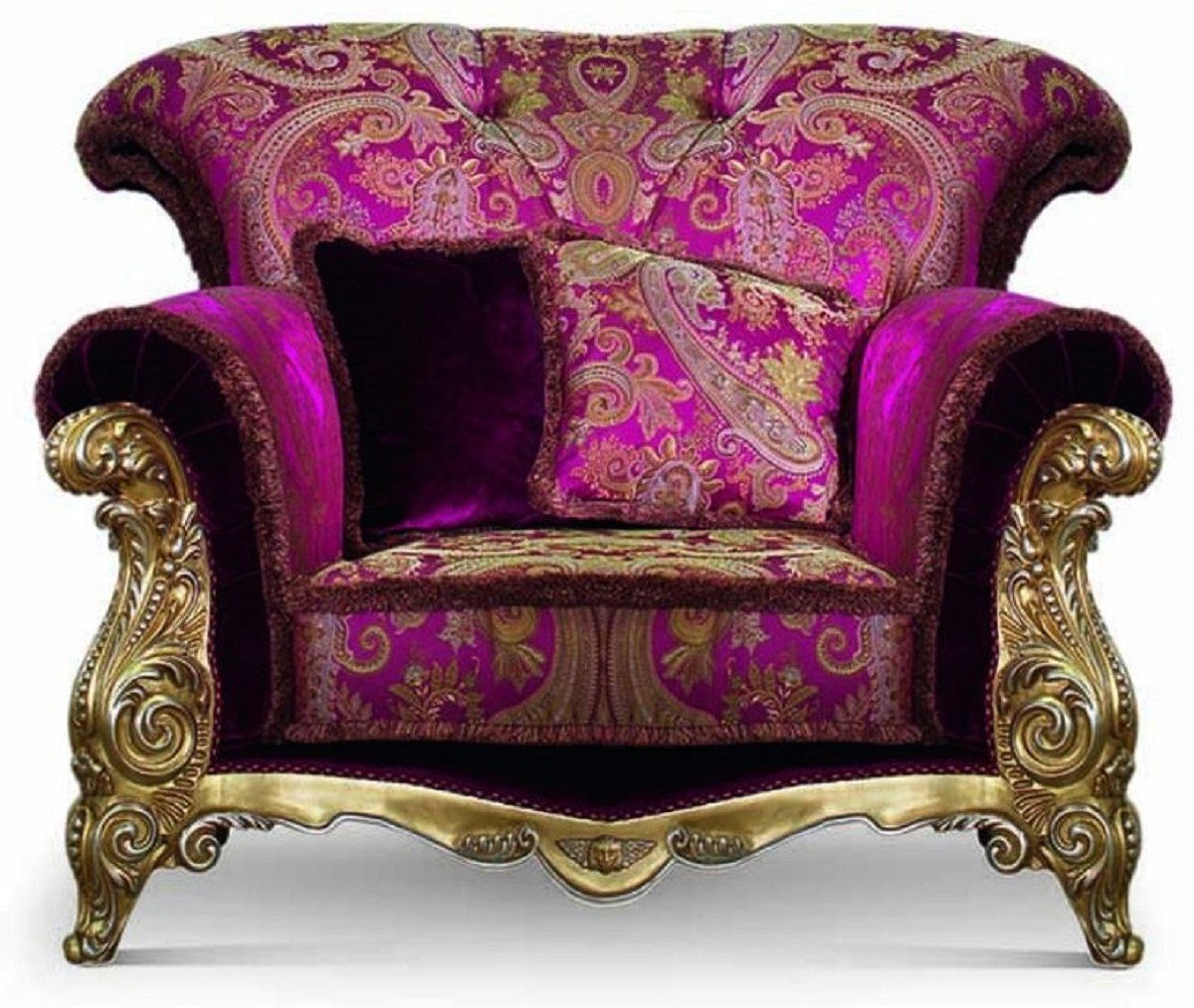 Casa Padrino Sessel Casa Padrino Luxus Barock Sessel Lila / Gold - Barockstil Wohnzimmer Sessel mit elegantem Muster - Barock Möbel - Barock Wohnzimmer & Hotel Möbel - Luxus Qualität - Made in Italy