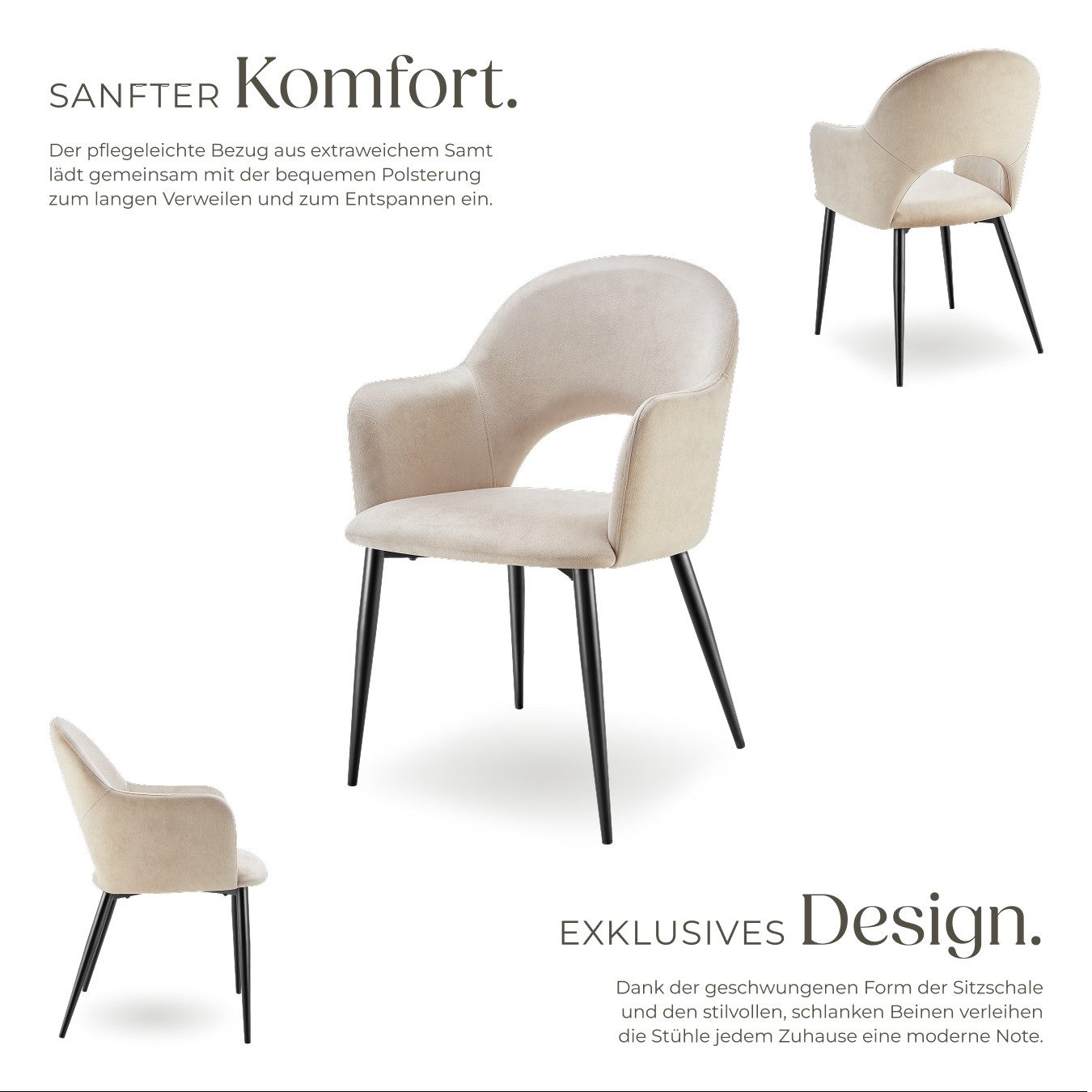 tectake Esszimmerstuhl Armlehnstuhl Sachel, Samtoptik, gepolstert, Belastbarkeit 120 kg (Set, 2 St), Große Sitzschalen mit durchgehender Arm- und Rückenlehne