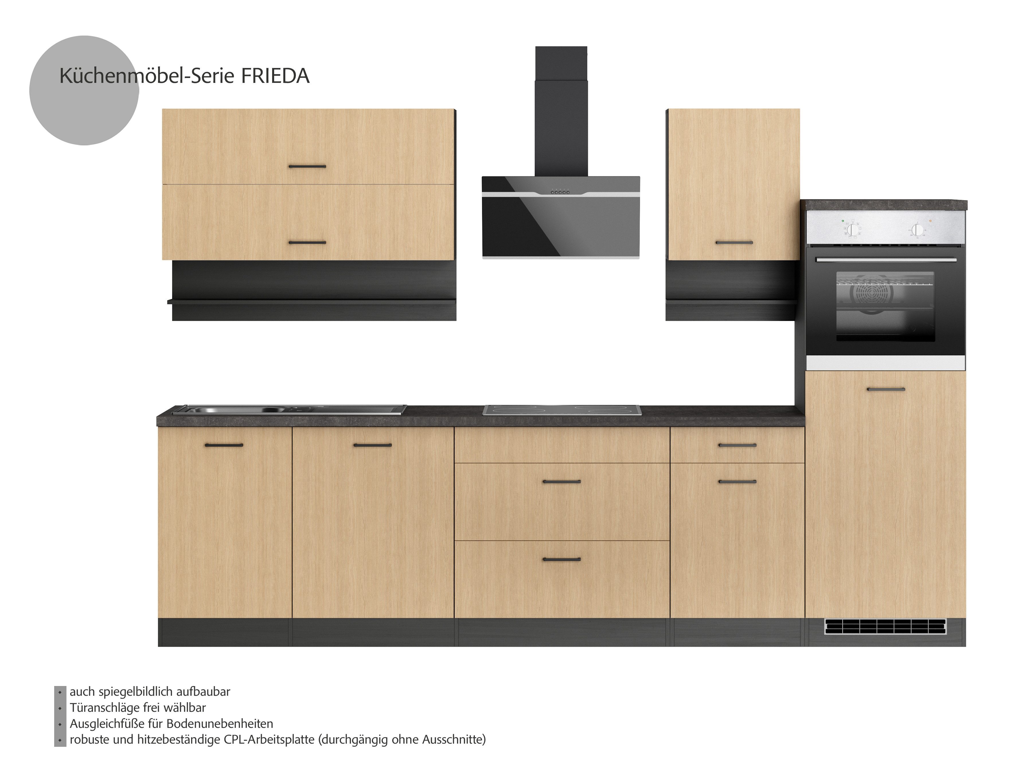 KOCHSTATION Küchenzeile KS-Frieda Breite 300 cm, wahlweise mit E-Geräten, mit 38mm starker Arbeitsplatte