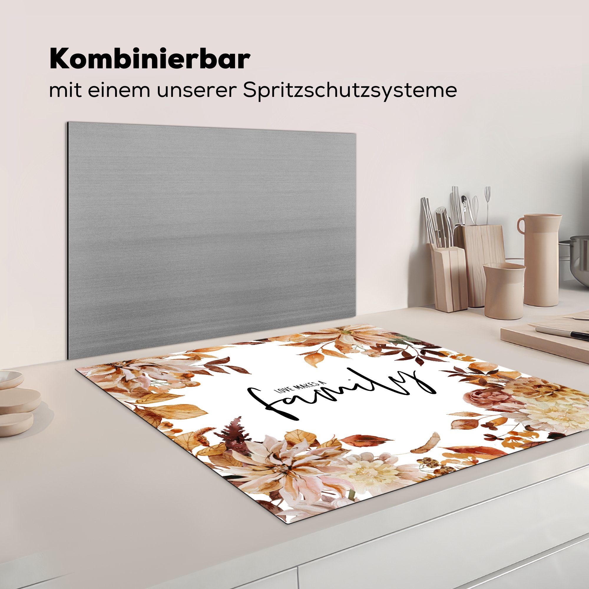 Arbeitsplatte Herdblende-/Abdeckplatte Familie, Sprichwörter Zitate Vinyl, - Ceranfeldabdeckung, cm, Liebe 78x78 macht küche eine tlg), MuchoWow (1 - für