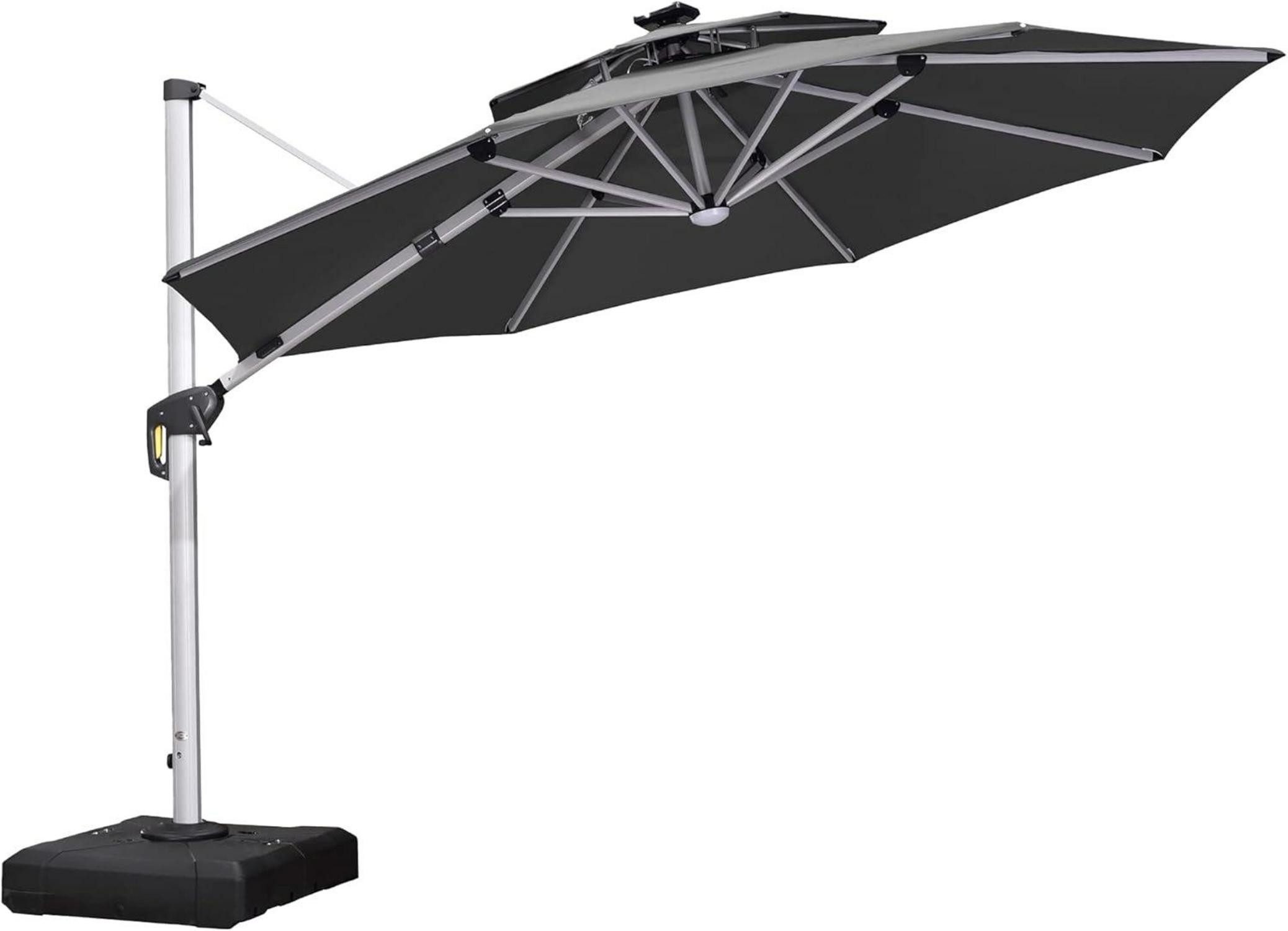 Ampelschirm Sonnenschirm LED Solar Ø 330 cm Ampelschirm mit Kurbel Grau