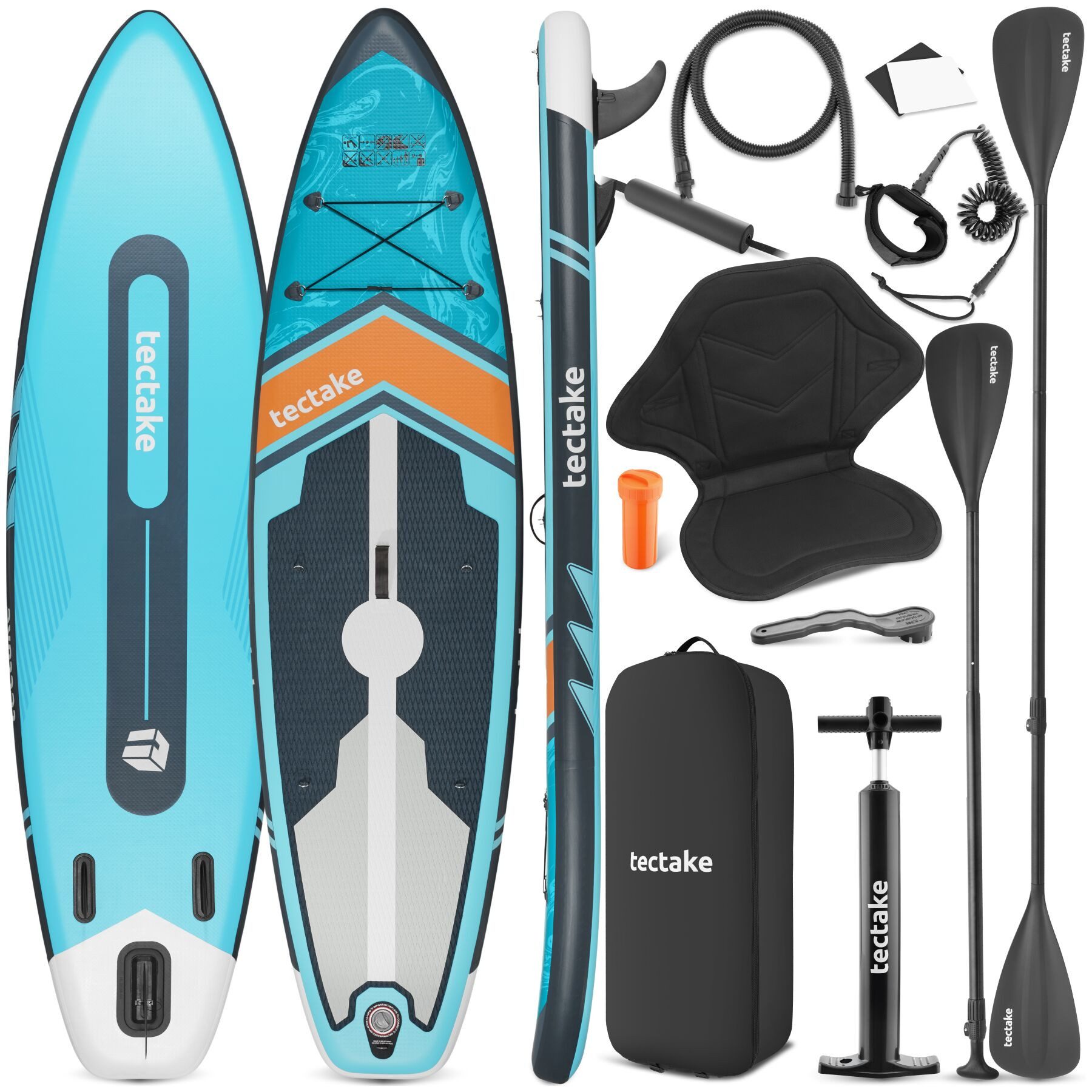 tectake SUP-Board Aufblasbares Paddelbrett mit Kajak-Sitz, bis 200 kg, rutschfest, Stand-up Paddle, (Aufblasbares Sup Board Palagios, in Türkis/orange), Inkl. Zubehör: Rucksack, Paddel, Luftpumpe, Kajak-Sitz, Fußstütze