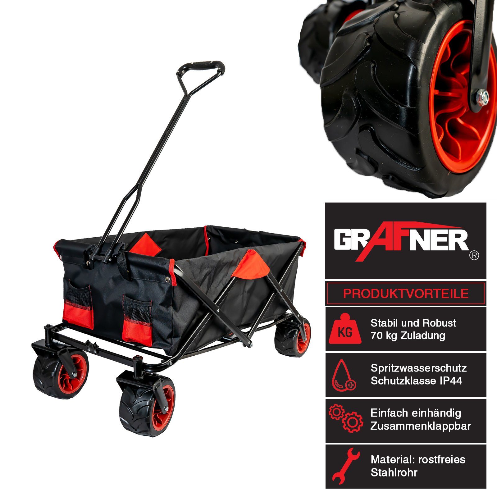 Grafner Bollerwagen Bollerwagen Offroad faltbar schwarz/rot Handwagen Klappbar (Stk, 1), herausnehmbare Plane, max. 70kg Ladegewicht