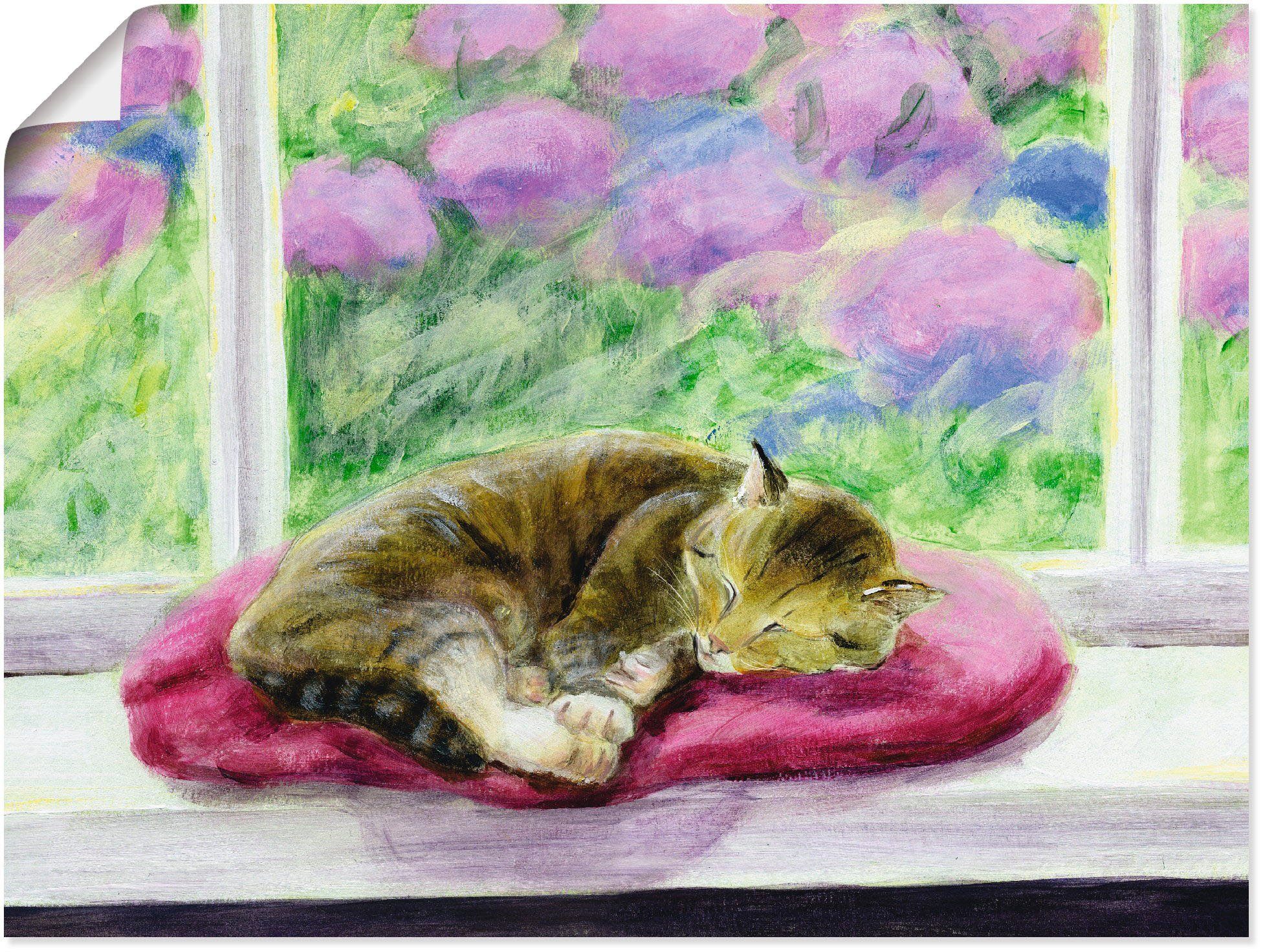 Artland Wandbild Katze auf Gartenfensterbank, Haustiere (1 St), als Leinwandbild, Wandaufkleber oder Poster in versch. Größen