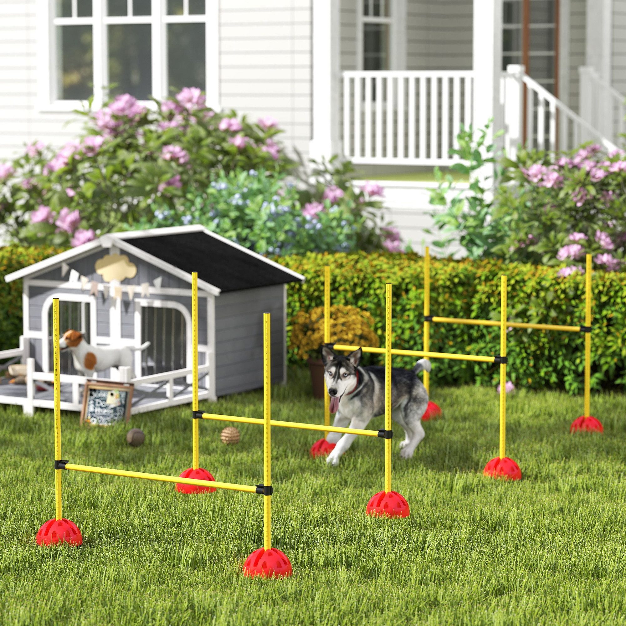 PawHut Agility-Hürde Ausrüstung, höhenverstellbar, mit Tragetasche, befüllbar, Kunststoff, Agility-Trainingsgerät (4-tlg) mit höhenverstellbar Hürden, Tragetasche, für Spiele, Training