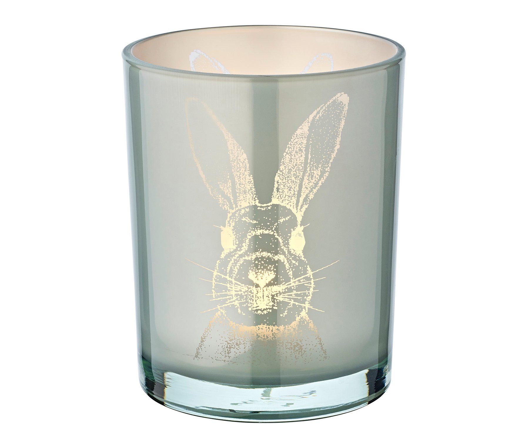 EDZARD Windlicht Hase, Windlicht, Kerzenglas mit Hasen-Motiv in Grau-Optik, Teelichtglas für Teelichter, Höhe 13 cm, Ø 10 cm