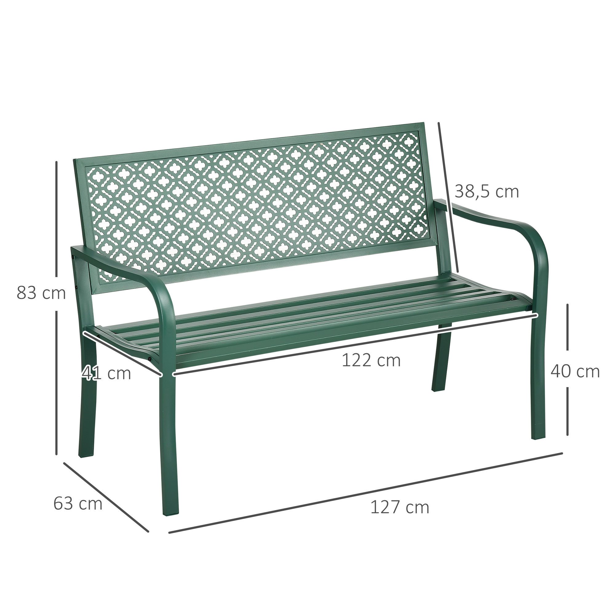 CHICFURN Gartenbank 2-Sitzer Parkbank aus Stahl mit Rückenlehne und Armlehnen (Packung, 1-St., Mit Blumenmuster, für Garten und Terrasse, belastbar bis 240 kg), Dunkelgrün, 127 x 63 x 83 cm