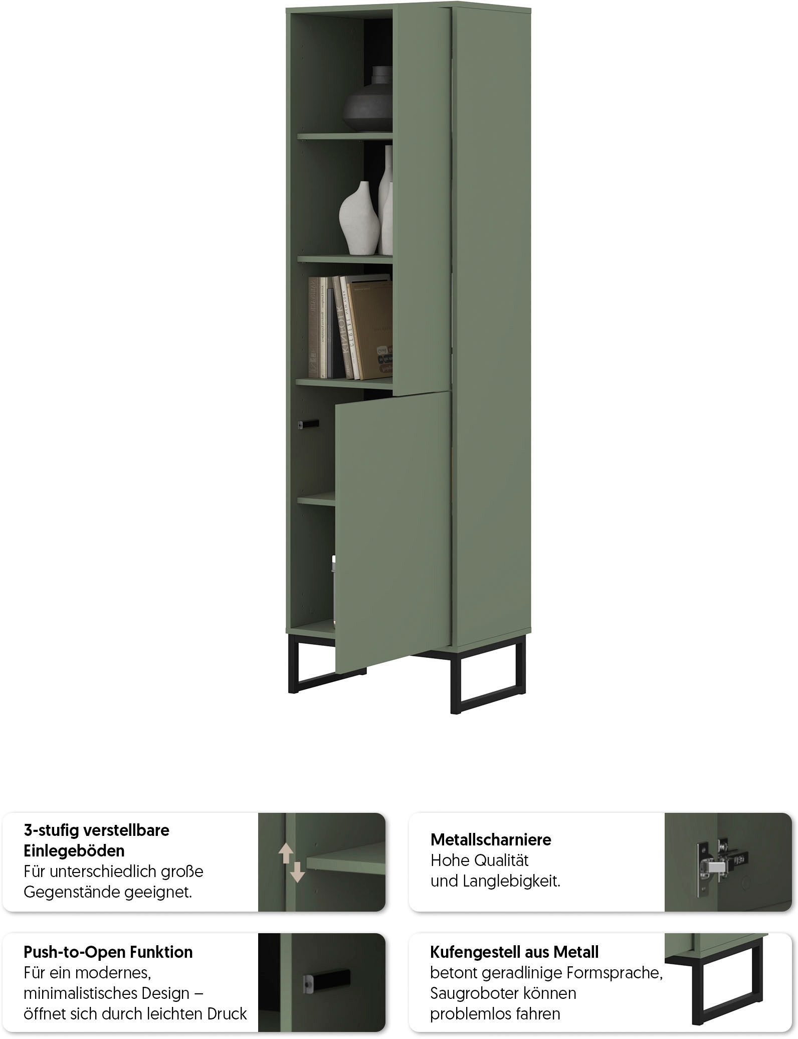 OTTO home Vitrine Loft, Höhe 180 cm, moderne grifflose Standvitrine mit 2 Türen Hochschrank mit viel Stauraum, verstellbaren Einlegeböden, Regal